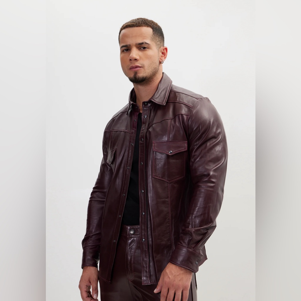 Ron Tomson Men's Luxe Leather Shirt With Visible Seam Detailing Shirt Jacket